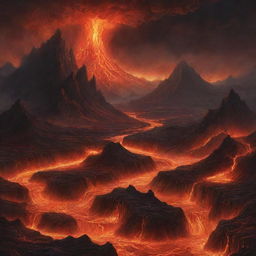 An intense illustration depicting the concept of Hell with fiery landscapes, dark skies, looming mountains and ominous rivers of lava.