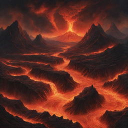 An intense illustration depicting the concept of Hell with fiery landscapes, dark skies, looming mountains and ominous rivers of lava.