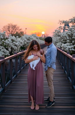 A serene bridge scene at sunset, where the sun is casting warm orange and pink hues across the sky, transitioning into the cool and calming blues of twilight as the moon rises softly in the background