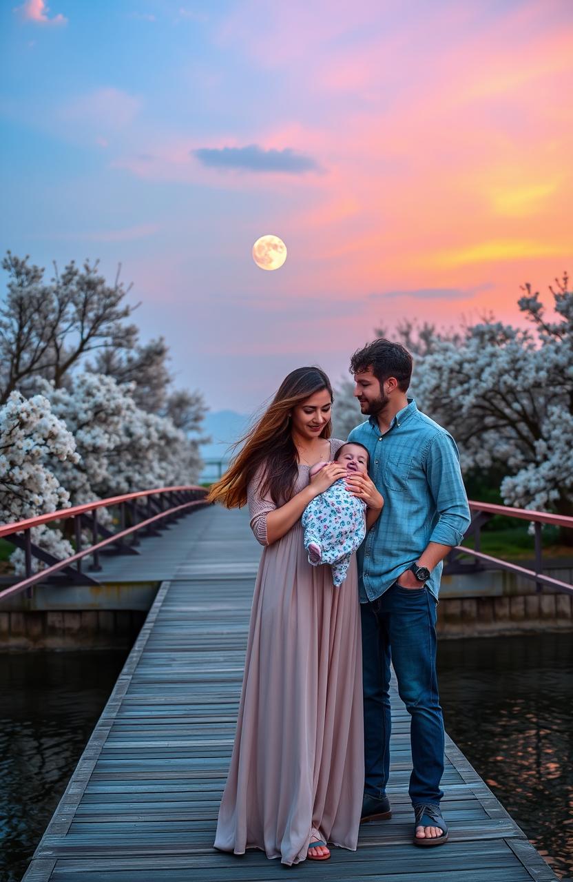 A serene bridge scene at sunset, where the sun is casting warm orange and pink hues across the sky, transitioning into the cool and calming blues of twilight as the moon rises softly in the background