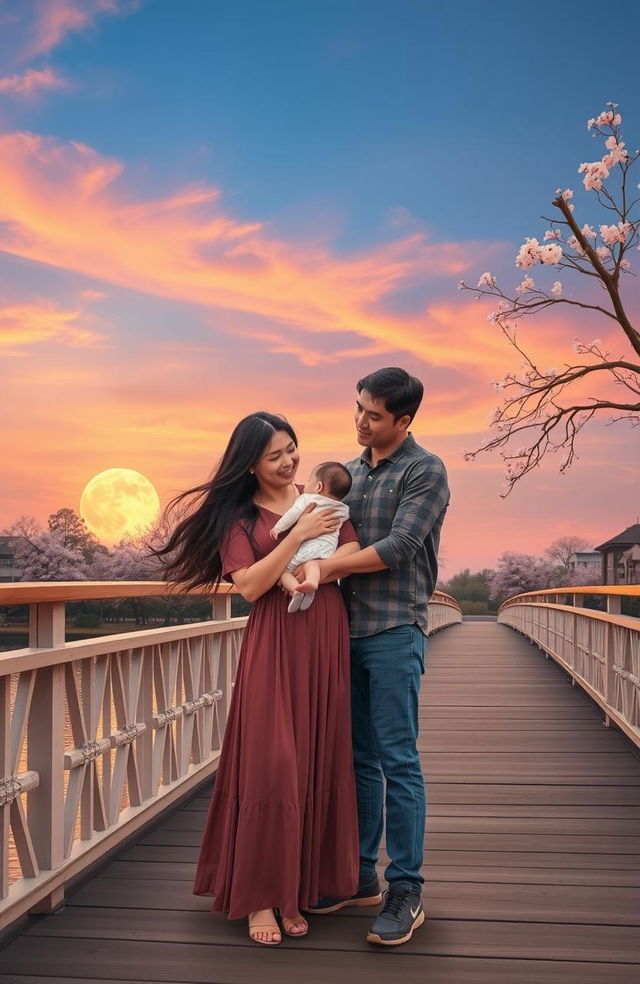 A serene bridge scene at sunset, where the sun is casting warm orange and pink hues across the sky, transitioning into the cool and calming blues of twilight as the moon rises softly in the background