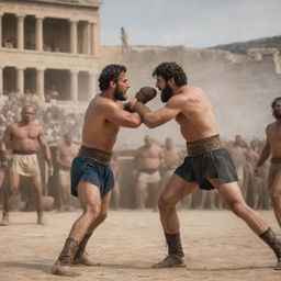 A dynamic blend of Ancient Greek war scene infused with depictions of Greek boxing and Greco-Roman wrestling in full swing, replete with warriors, cheering crowds, and stunning battlegrounds.