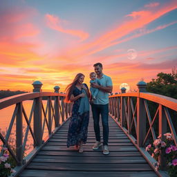 A picturesque bridge scene at sunset, where vibrant orange and pink colors fill the sky, contrasting beautifully with the soft blue hues of twilight as the moon rises gently in the background