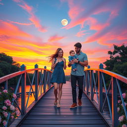 A picturesque bridge scene at sunset, where vibrant orange and pink colors fill the sky, contrasting beautifully with the soft blue hues of twilight as the moon rises gently in the background