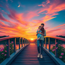 A picturesque bridge scene at sunset, where vibrant orange and pink colors fill the sky, contrasting beautifully with the soft blue hues of twilight as the moon rises gently in the background