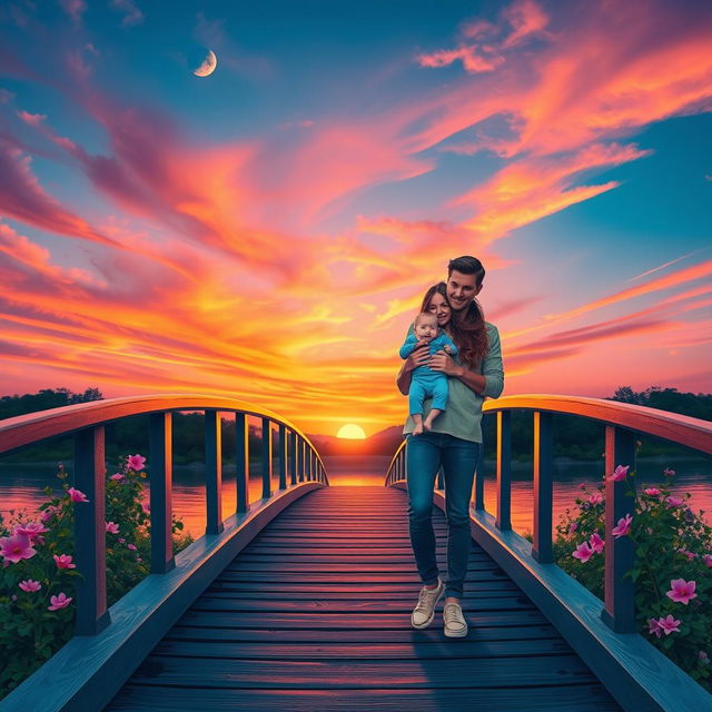 A picturesque bridge scene at sunset, where vibrant orange and pink colors fill the sky, contrasting beautifully with the soft blue hues of twilight as the moon rises gently in the background