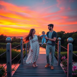 A picturesque bridge scene at sunset, where vibrant orange and pink colors fill the sky, contrasting beautifully with the soft blue hues of twilight as the moon rises gently in the background