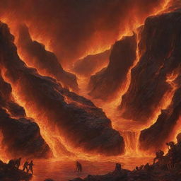 The fiery landscape of Hell is now teeming with figures, as numerous individuals are suddenly present, falling into the flames and rivers of lava.