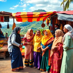 A vibrant street scene in Sri Lanka featuring a group of welcoming Sri Lankan Muslims, dressed in traditional attire such as sarongs and hijabs, engaging in lively conversation at a local market