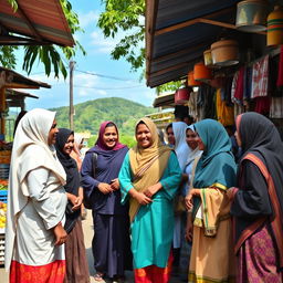 A vibrant street scene in Sri Lanka featuring a group of welcoming Sri Lankan Muslims, dressed in traditional attire such as sarongs and hijabs, engaging in lively conversation at a local market