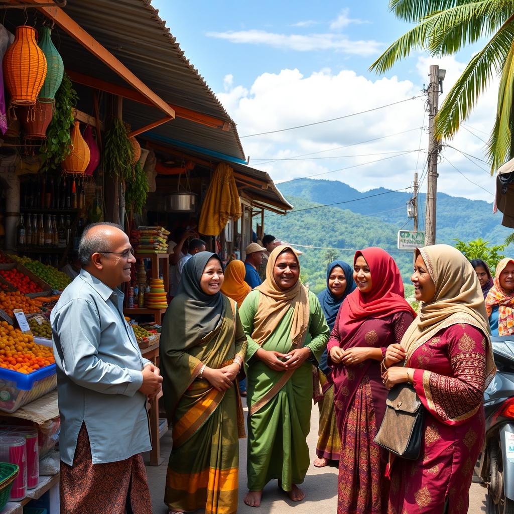 A vibrant street scene in Sri Lanka featuring a group of welcoming Sri Lankan Muslims, dressed in traditional attire such as sarongs and hijabs, engaging in lively conversation at a local market