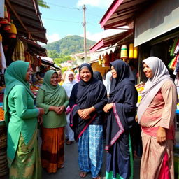 A vibrant street scene in Sri Lanka featuring a group of welcoming Sri Lankan Muslims, dressed in traditional attire such as sarongs and hijabs, engaging in lively conversation at a local market