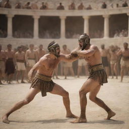 A dynamic blend of Ancient Greek war scene infused with depictions of Greek boxing and Greco-Roman wrestling in full swing, replete with warriors, cheering crowds, and stunning battlegrounds.