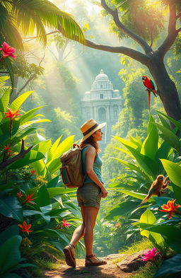 A vibrant scene depicting adventure in a lush green jungle, featuring a determined explorer with a backpack, vibrant tropical flowers, towering trees, and exotic wildlife like a parrot and a monkey