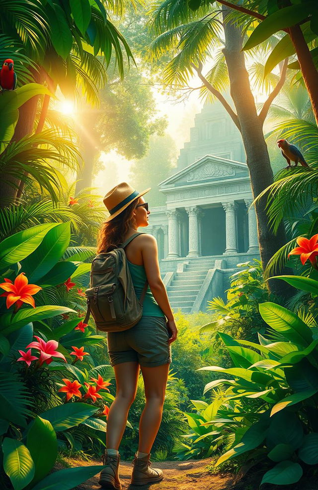 A vibrant scene depicting adventure in a lush green jungle, featuring a determined explorer with a backpack, vibrant tropical flowers, towering trees, and exotic wildlife like a parrot and a monkey