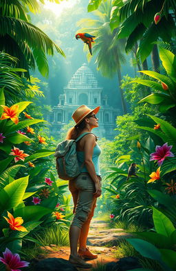 A vibrant scene depicting adventure in a lush green jungle, featuring a determined explorer with a backpack, vibrant tropical flowers, towering trees, and exotic wildlife like a parrot and a monkey