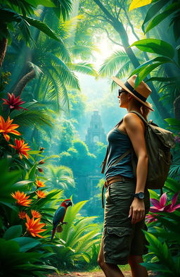 A vibrant scene depicting adventure in a lush green jungle, featuring a determined explorer with a backpack, vibrant tropical flowers, towering trees, and exotic wildlife like a parrot and a monkey