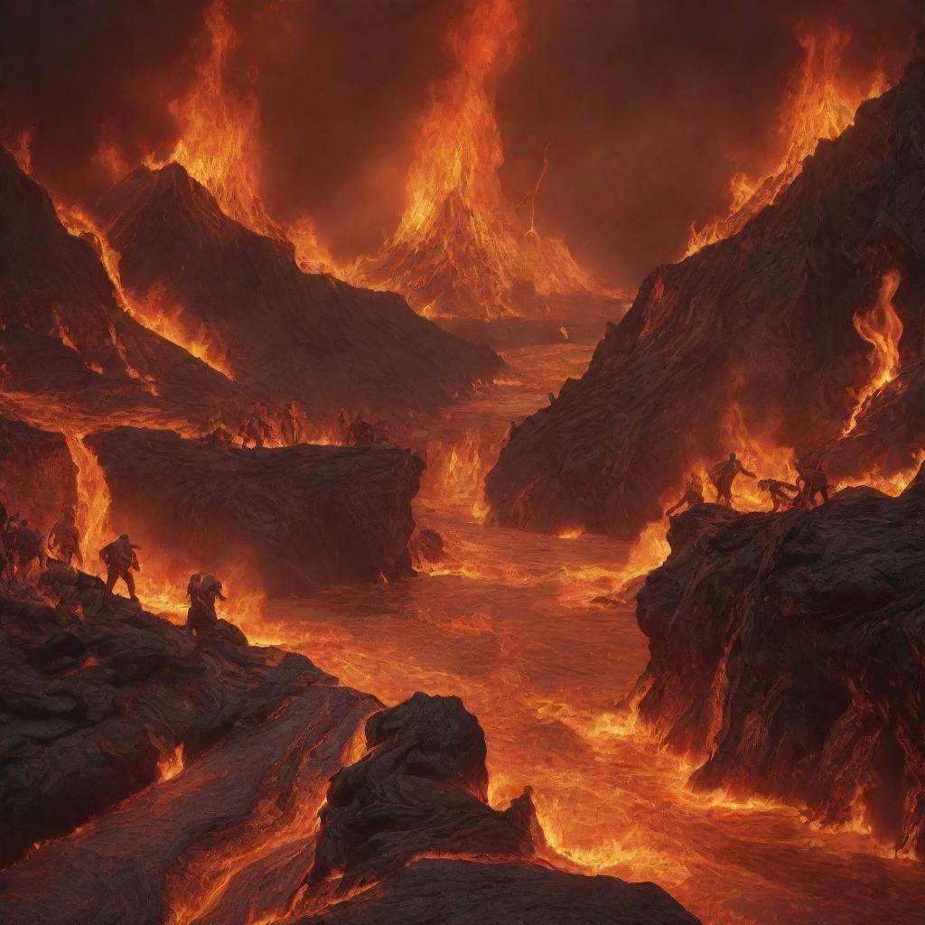 The fiery landscape of Hell is now teeming with figures, as numerous individuals are suddenly present, falling into the flames and rivers of lava.