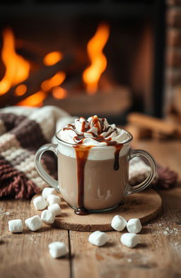 A delightful scene showcasing a rich cup of hot cocoa, topped with whipped cream and drizzled with chocolate syrup