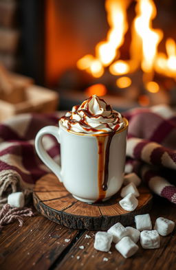 A delightful scene showcasing a rich cup of hot cocoa, topped with whipped cream and drizzled with chocolate syrup