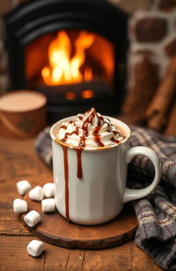 A delightful scene showcasing a rich cup of hot cocoa, topped with whipped cream and drizzled with chocolate syrup