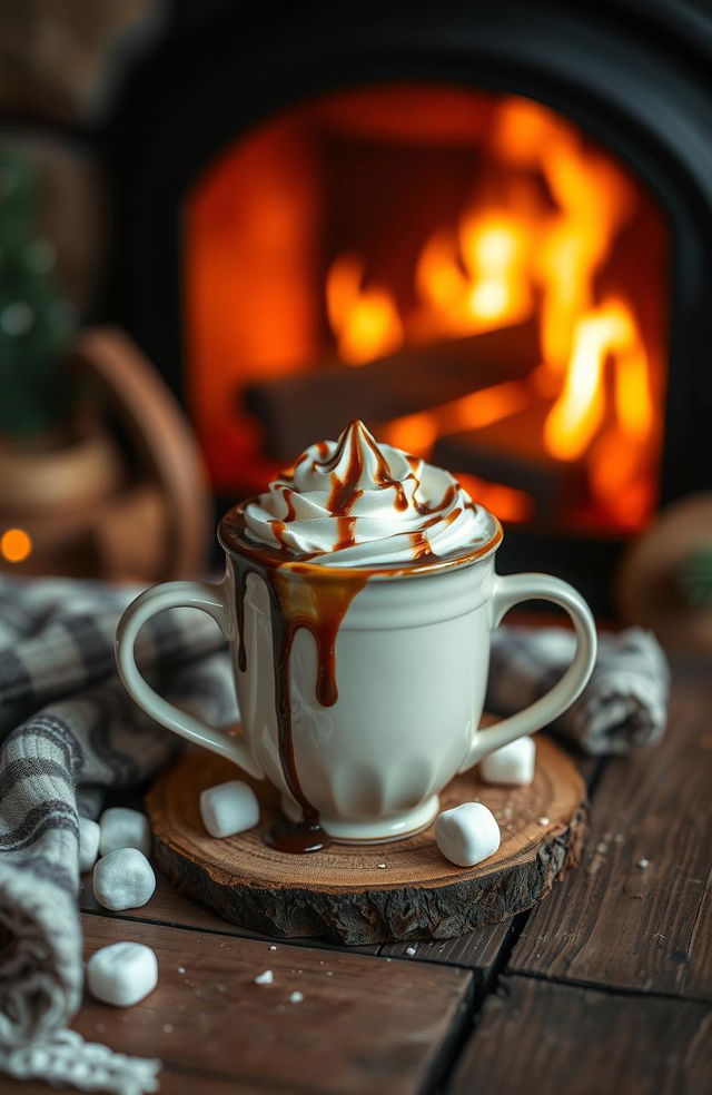 A delightful scene showcasing a rich cup of hot cocoa, topped with whipped cream and drizzled with chocolate syrup