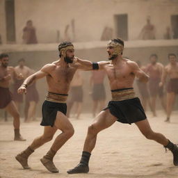 A dynamic blend of Ancient Greek war scene infused with depictions of Greek boxing and Greco-Roman wrestling in full swing, replete with warriors, cheering crowds, and stunning battlegrounds.