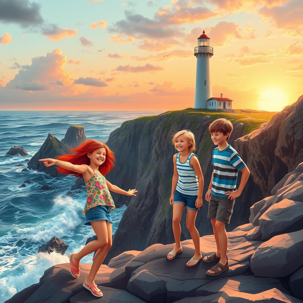 In a picturesque coastal setting titled 'The Lighthouse Secret', two adventurous girls and two boys explore the rugged cliffs near a majestic lighthouse