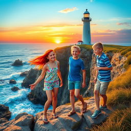 In a picturesque coastal setting titled 'The Lighthouse Secret', two adventurous girls and two boys explore the rugged cliffs near a majestic lighthouse