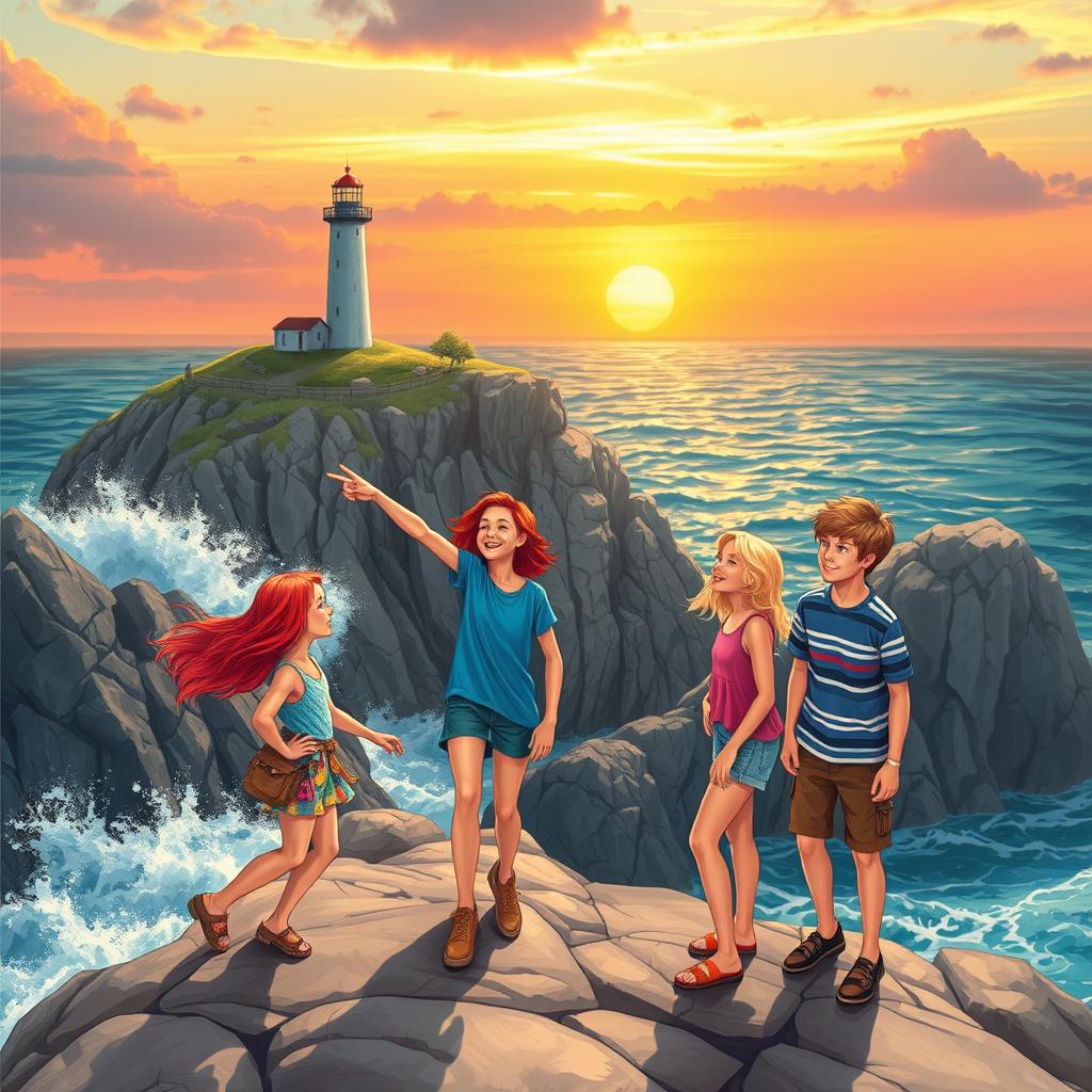 In a picturesque coastal setting titled 'The Lighthouse Secret', two adventurous girls and two boys explore the rugged cliffs near a majestic lighthouse