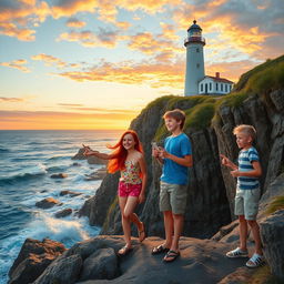 In a picturesque coastal setting titled 'The Lighthouse Secret', two adventurous girls and two boys explore the rugged cliffs near a majestic lighthouse