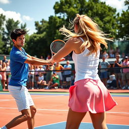 A dynamic scene of a tennis match on a sunny day, featuring two players in action