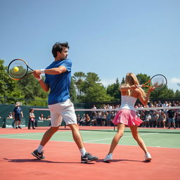 A dynamic scene of a tennis match on a sunny day, featuring two players in action