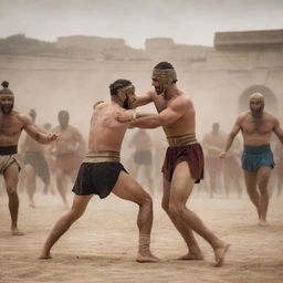 A dynamic blend of Ancient Greek war scene infused with depictions of Greek boxing and Greco-Roman wrestling in full swing, replete with warriors, cheering crowds, and stunning battlegrounds.