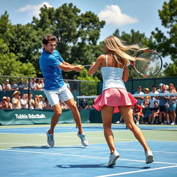 A dynamic scene of a tennis match on a sunny day, featuring two players in action