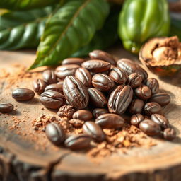 An artistic display showcasing raw cacao beans, beautifully arranged on a rustic wooden surface