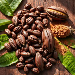 An artistic display showcasing raw cacao beans, beautifully arranged on a rustic wooden surface