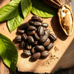 An artistic display showcasing raw cacao beans, beautifully arranged on a rustic wooden surface