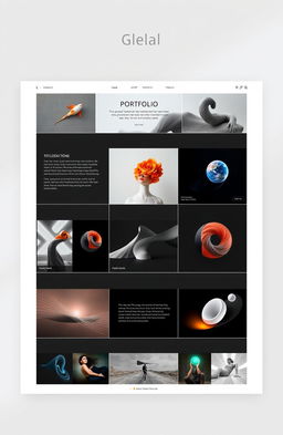 A professional portfolio layout showcasing a variety of creative works, including art, photography, and design