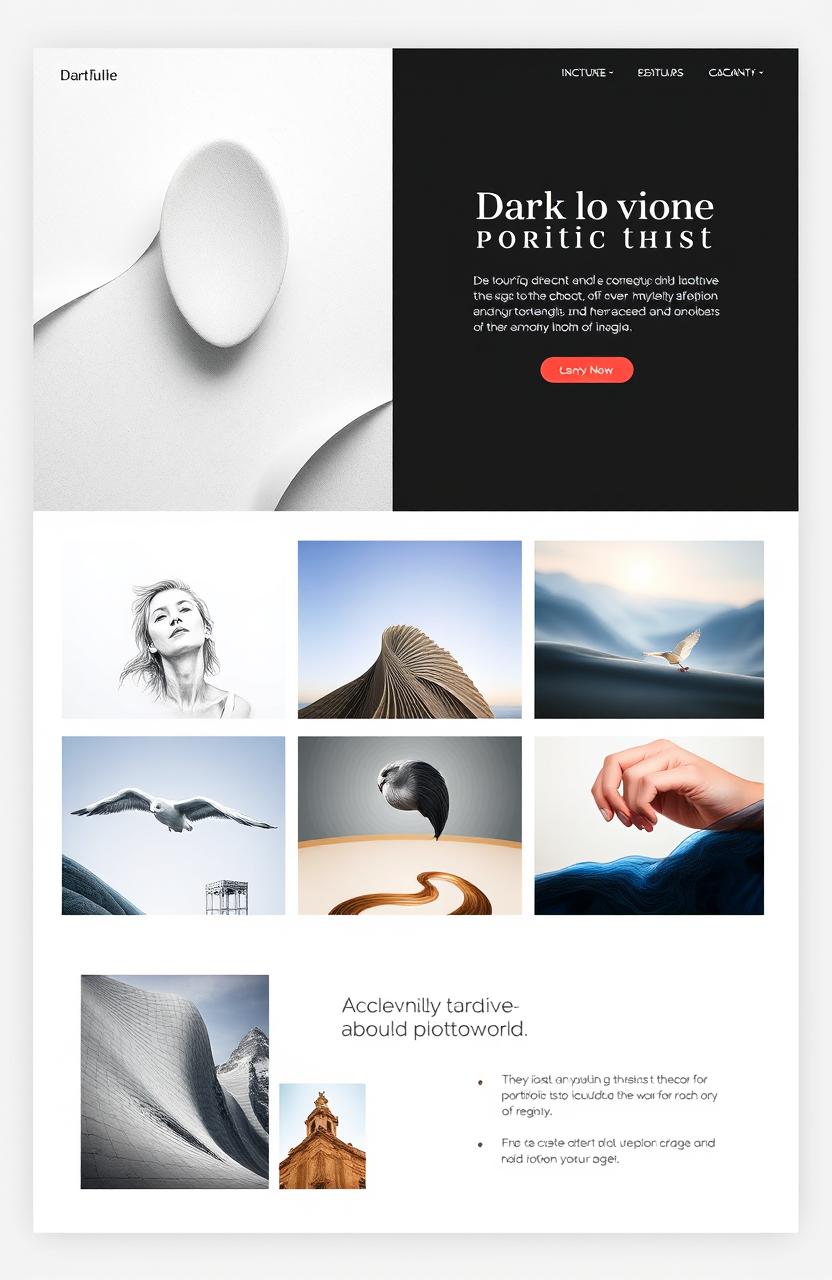 A professional portfolio layout showcasing a variety of creative works, including art, photography, and design