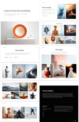 A professional portfolio layout showcasing a variety of creative works, including art, photography, and design