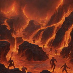 The fiery landscape of Hell is now teeming with figures, as numerous individuals are suddenly present, falling into the flames and rivers of lava.