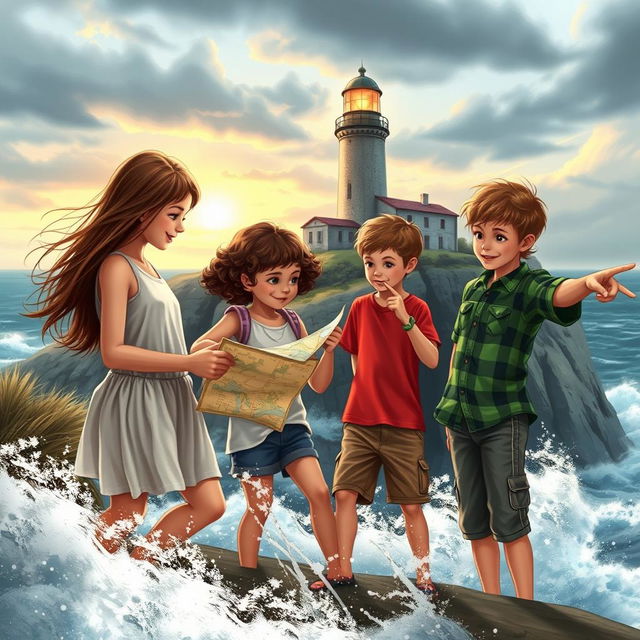 An adventurous scene titled 'The Lighthouse Secret' featuring two girls and two boys exploring a windswept coastal landscape near a historic lighthouse