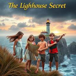 An adventurous scene titled 'The Lighthouse Secret' featuring two girls and two boys exploring a windswept coastal landscape near a historic lighthouse