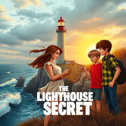 An adventurous scene titled 'The Lighthouse Secret' featuring two girls and two boys exploring a windswept coastal landscape near a historic lighthouse