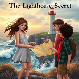 An adventurous scene titled 'The Lighthouse Secret' featuring two girls and two boys exploring a windswept coastal landscape near a historic lighthouse