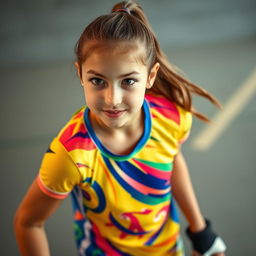 A beautiful girl in a colorful sports uniform, captured in a high-angle shot