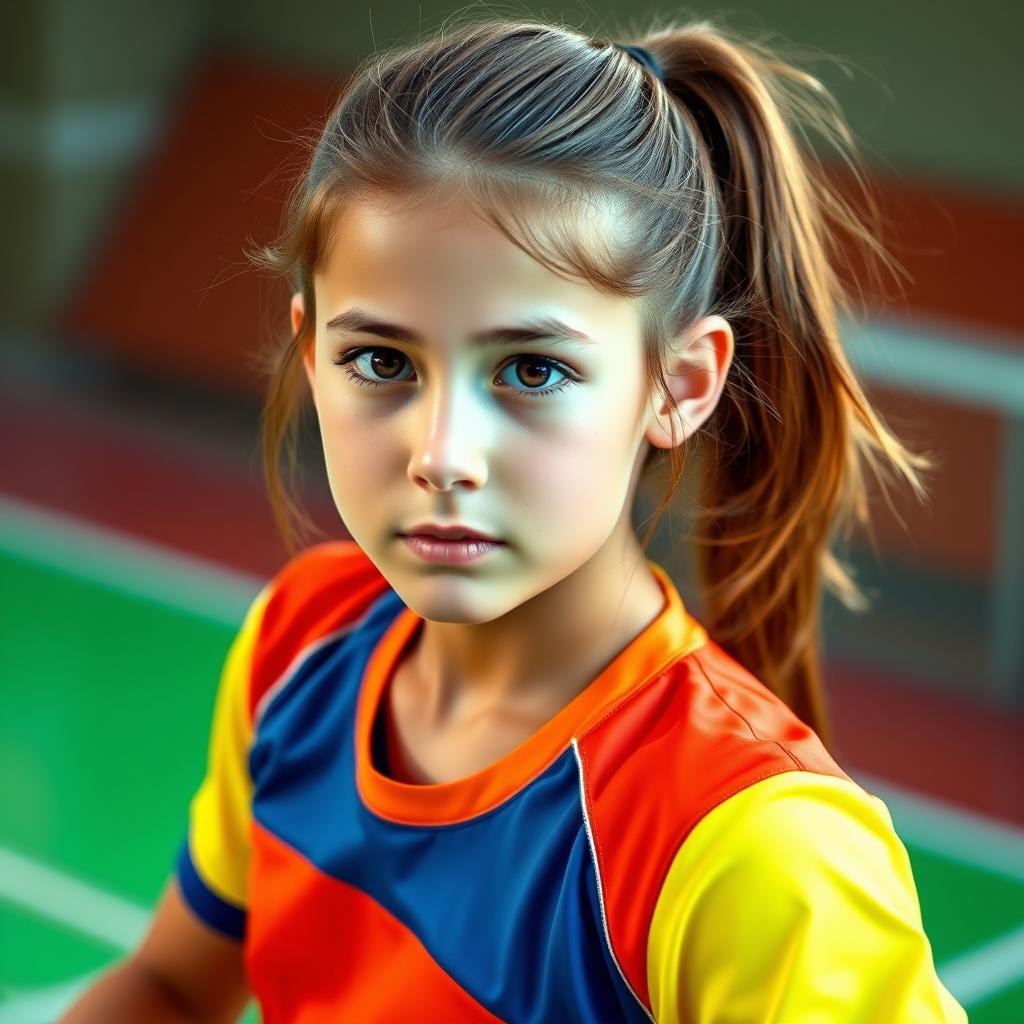 A beautiful girl in a colorful sports uniform, captured in a high-angle shot