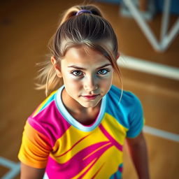 A beautiful girl in a colorful sports uniform, captured in a high-angle shot