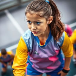 A beautiful girl in a colorful sports uniform, captured in a high-angle shot